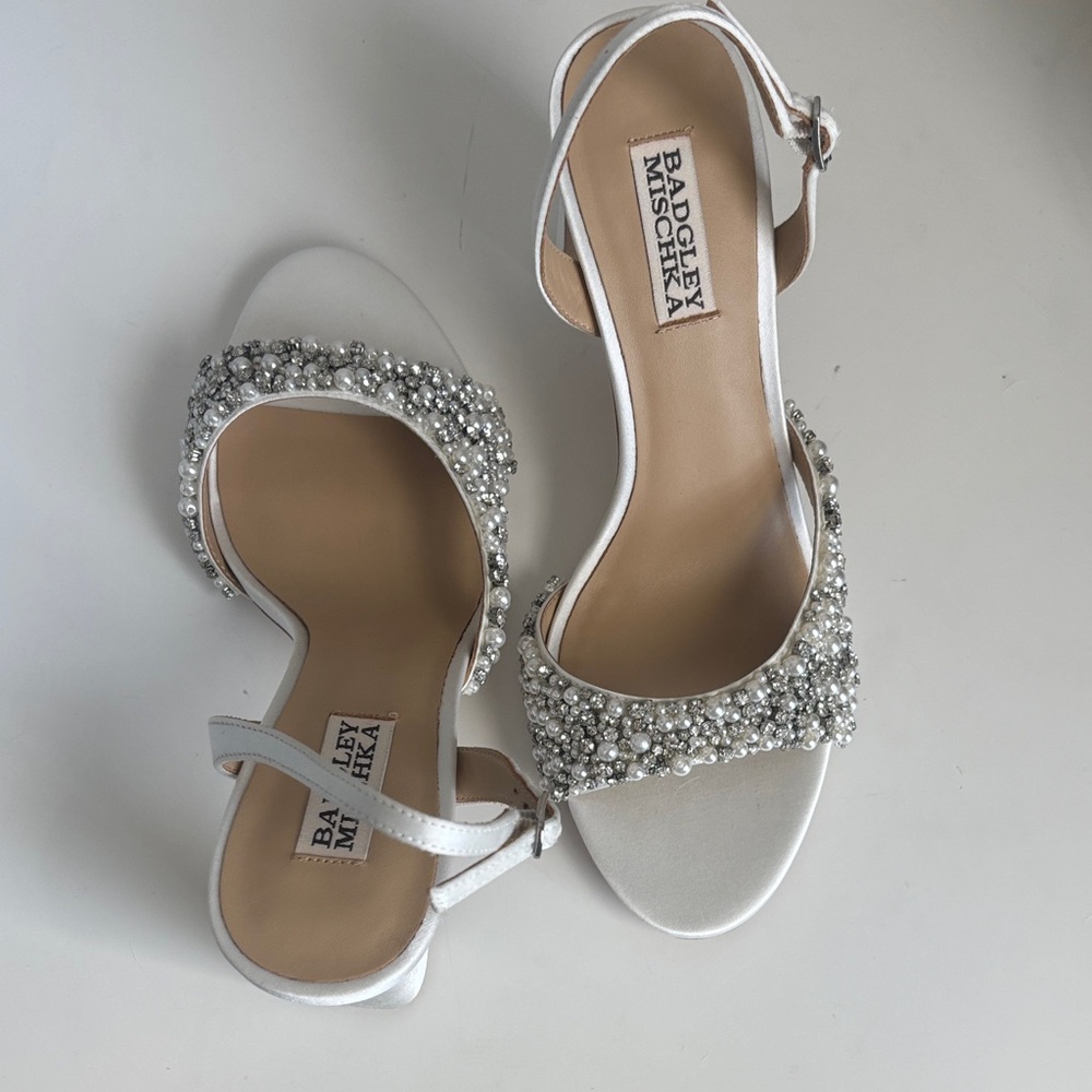 Badgley Mischka White Pearl & Crystal Embellished Satin Sandals
